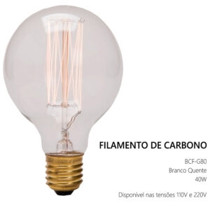 Lâmpada filamento carbono 40w 220v 2700k e-27 globo (bcf-g80)