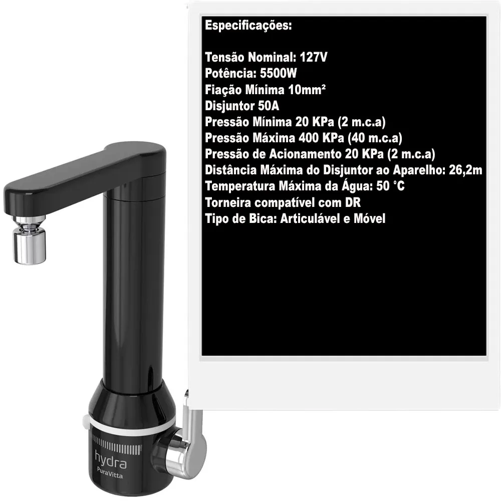 (Hydra) Torneira elétrica puravitta 127v parede 5500w - preto