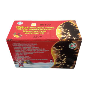 Cordão uso ext. ip65 fio 2,2mm verde 100 leds br. quente fixa c/16 strbos br. tom. m/f 10mt 220v (89100) (Natal) Novo